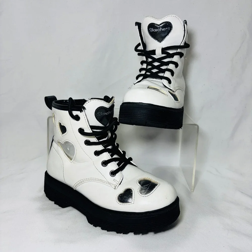 Skechers Kids Heart Cut-Out White Combat Boots Side Zip Lug Sole 303409L Size 1